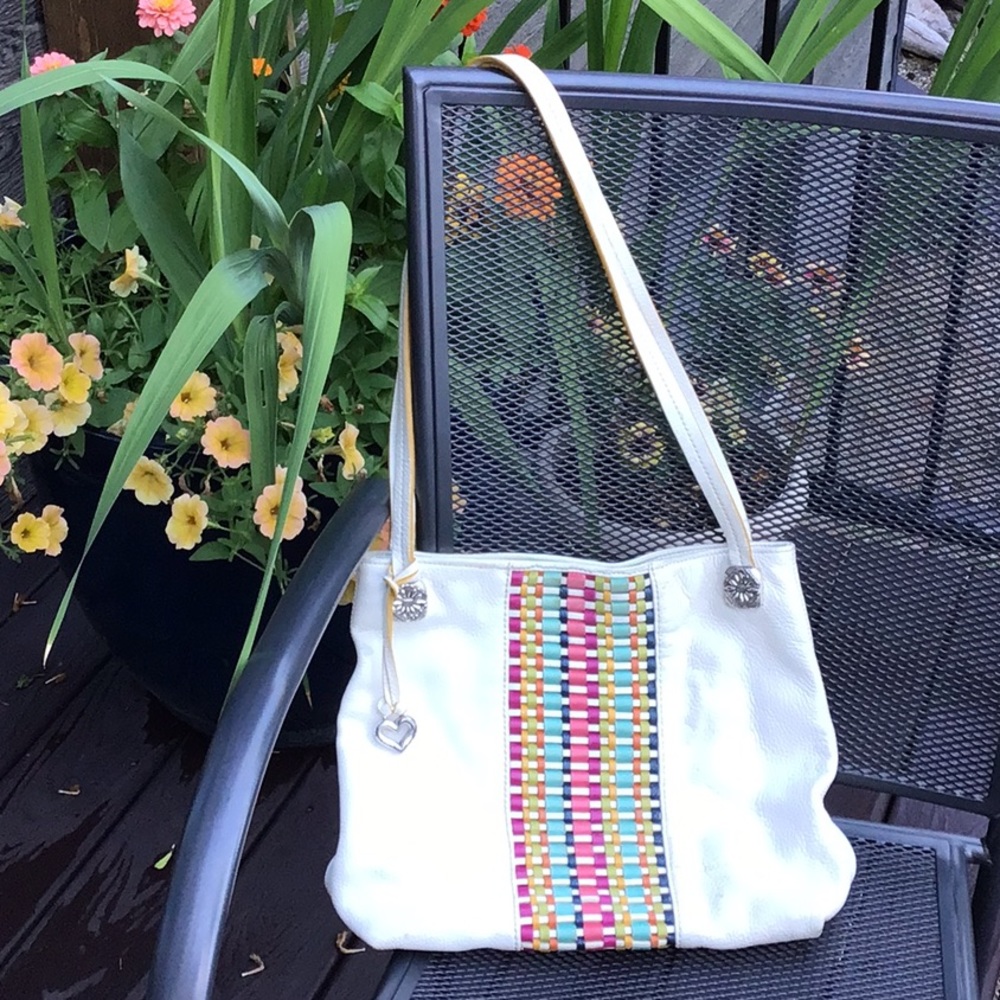 Brighton white leather tote, woven inset, rainbow weave